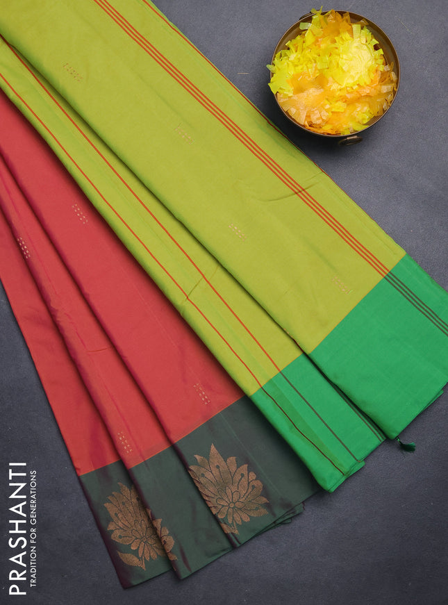 Arani semi silk saree dual shade of pinkish mustard and green with zari woven buttas and zari woven butta border