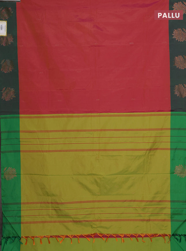 Arani semi silk saree dual shade of pinkish mustard and green with zari woven buttas and zari woven butta border