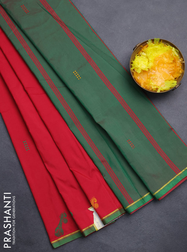 Arani semi silk saree reddish pink and dual shade of green with thread woven buttas and thread woven butta border