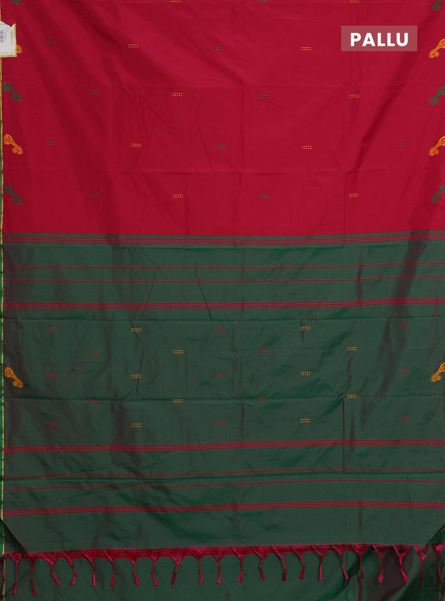 Arani semi silk saree reddish pink and dual shade of green with thread woven buttas and thread woven butta border