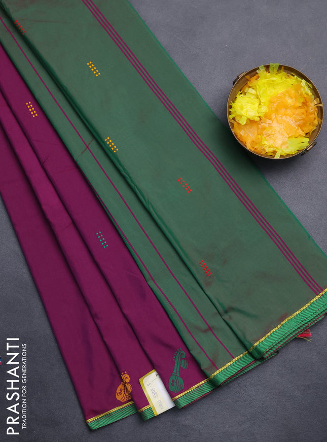 Arani semi silk saree purple and dual shade of green with thread woven buttas and thread woven butta border