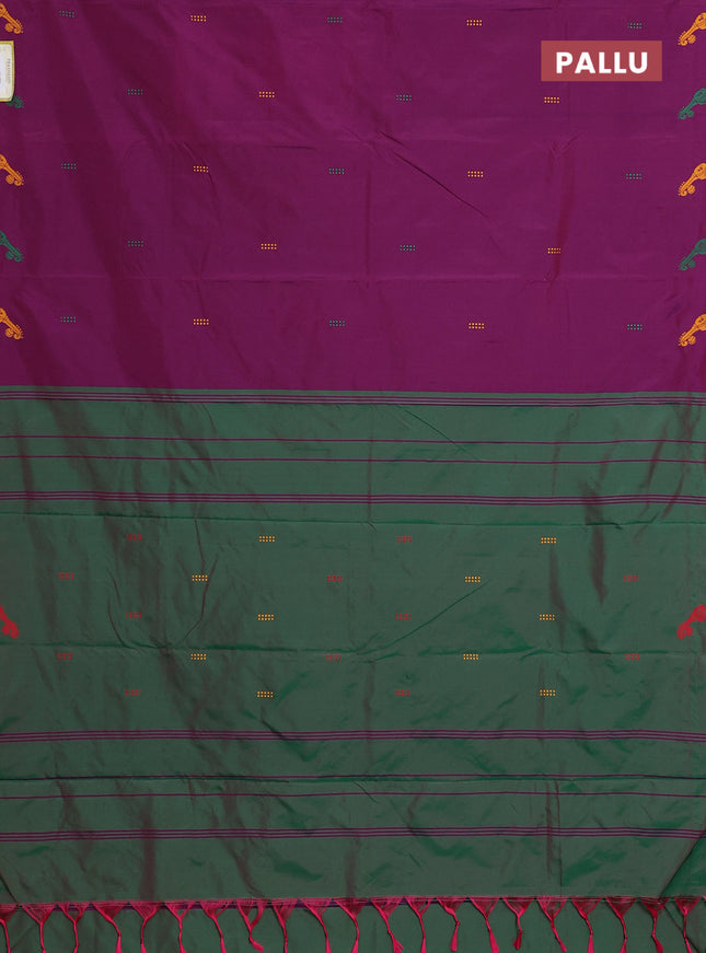 Arani semi silk saree purple and dual shade of green with thread woven buttas and thread woven butta border
