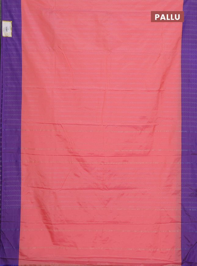 Arani semi silk saree peach pink and violet with allover copper zari weaves and zari woven border
