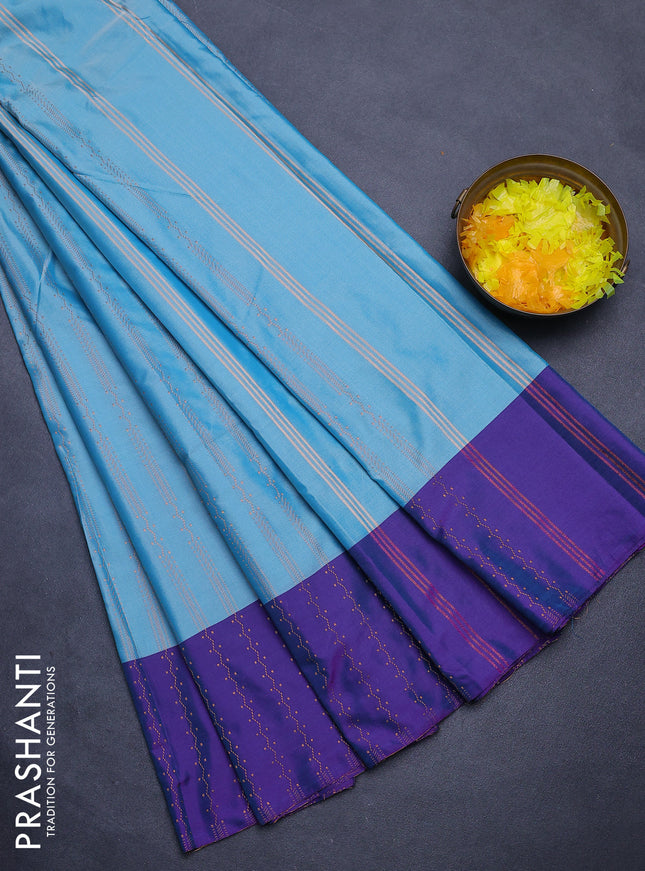Arani semi silk saree pastel blue and dual shade of violet with allover copper zari weaves and zari woven border