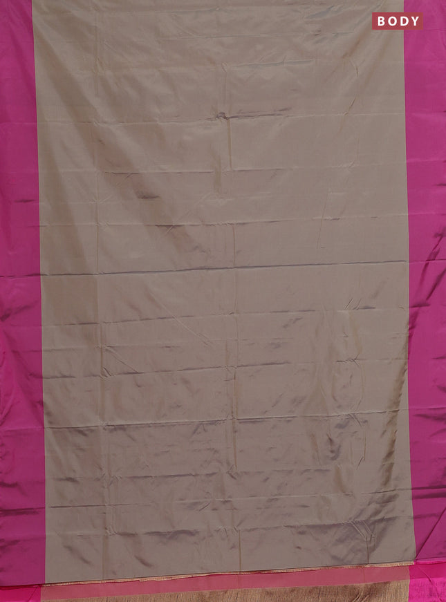 Arani semi silk saree grey shade and dual shade of pink with copper zari woven buttas and copper zari woven butta border