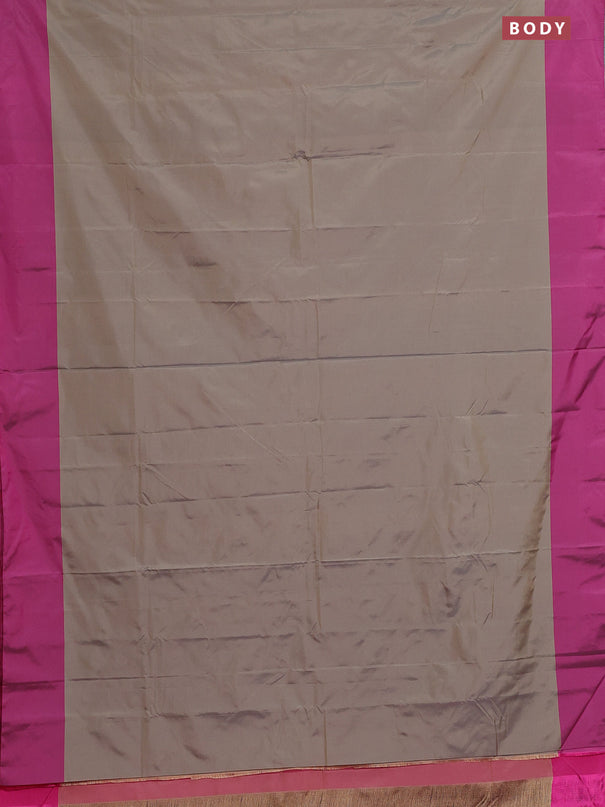 Arani semi silk saree grey shade and dual shade of pink with copper zari woven buttas and copper zari woven butta border
