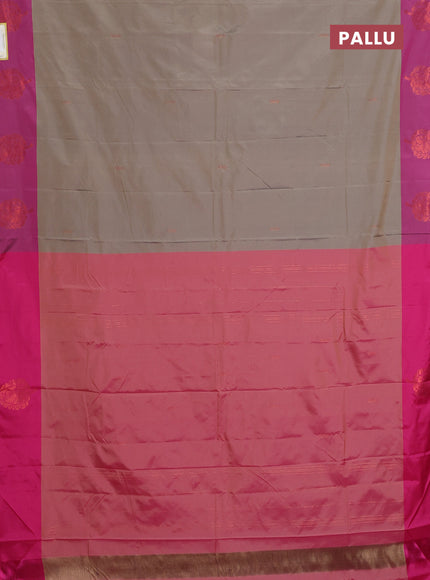 Arani semi silk saree grey shade and dual shade of pink with copper zari woven buttas and copper zari woven butta border