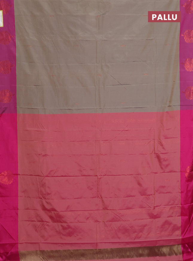 Arani semi silk saree grey shade and dual shade of pink with copper zari woven buttas and copper zari woven butta border