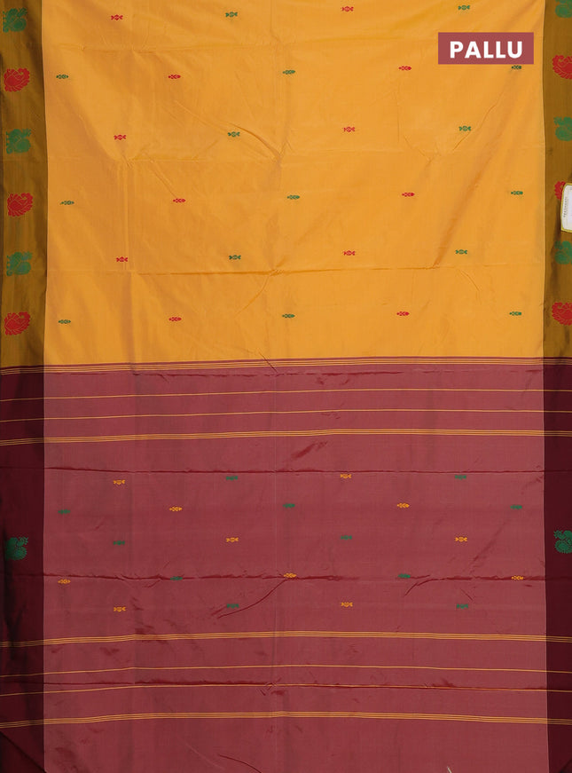 Arani semi silk saree mango yellow and maroon with thread woven buttas and thread woven butta border