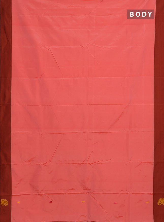 Arani semi silk saree peach shade and green with thread woven buttas and thread woven butta border