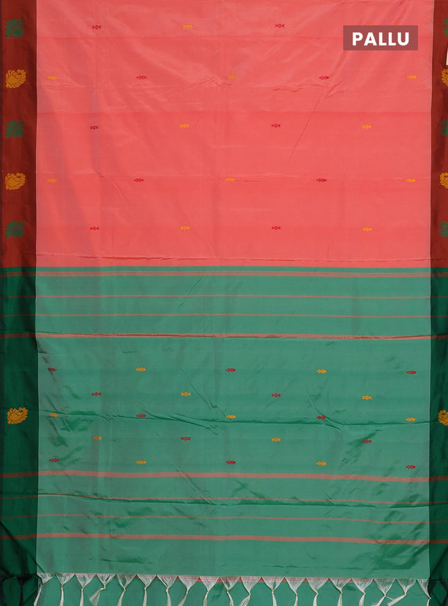 Arani semi silk saree peach shade and green with thread woven buttas and thread woven butta border