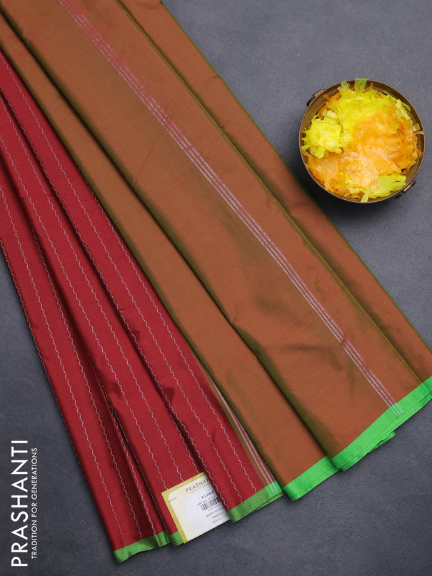 Arani semi silk saree maroon and light green with allover silver zari weaves and piping border