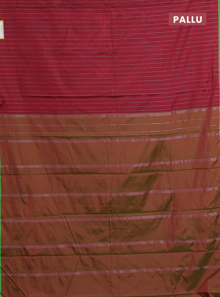 Arani semi silk saree maroon and light green with allover silver zari weaves and piping border