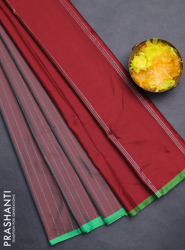 Arani semi silk saree dual shade of maroon and light green with allover silver zari weaves and piping border