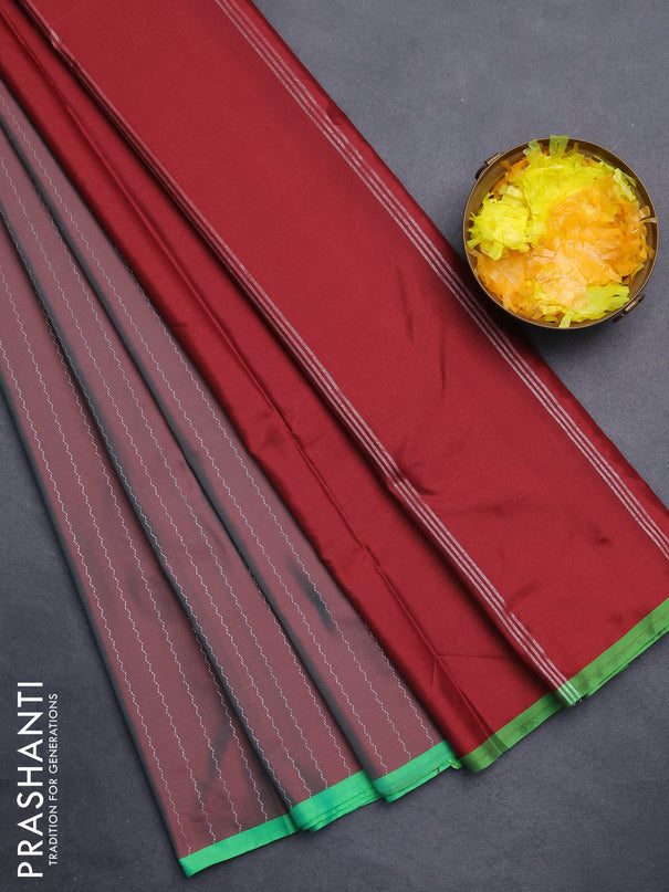 Arani semi silk saree dual shade of maroon and light green with allover silver zari weaves and piping border