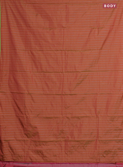 Arani semi silk saree rust shade and light green with allover silver zari weaves and piping border