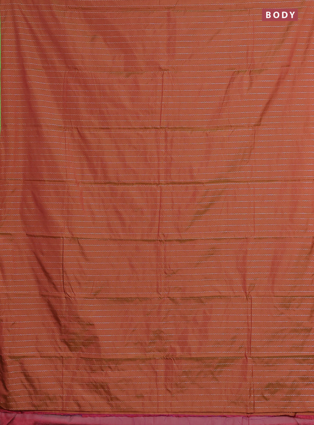Arani semi silk saree rust shade and light green with allover silver zari weaves and piping border