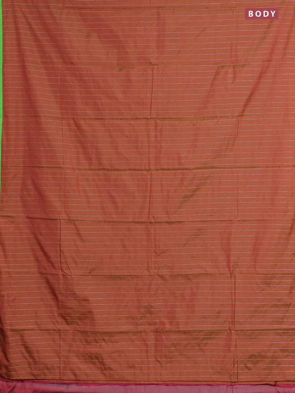 Arani semi silk saree rust shade and light green with allover silver zari weaves and piping border