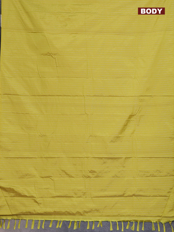 Arani semi silk saree lime yellow with allover silver zari weaves in borderless style