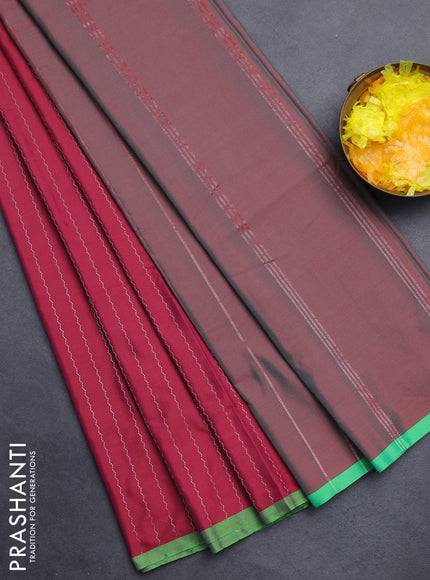 Arani semi silk saree dark magenta pink and green with allover silver zari weaves and piping border