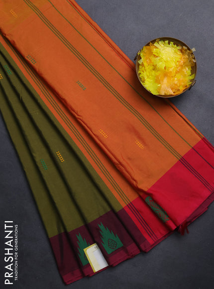 Arani semi silk saree mehendi green and dual shade of yellowish pink with thread woven buttas and thread woven butta border