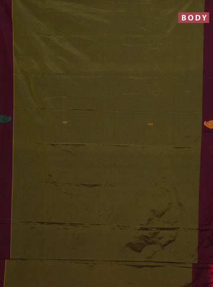 Arani semi silk saree mehendi green and dual shade of yellowish pink with thread woven buttas and thread woven butta border