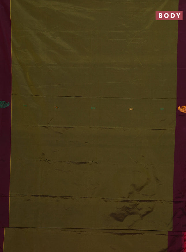 Arani semi silk saree mehendi green and dual shade of yellowish pink with thread woven buttas and thread woven butta border