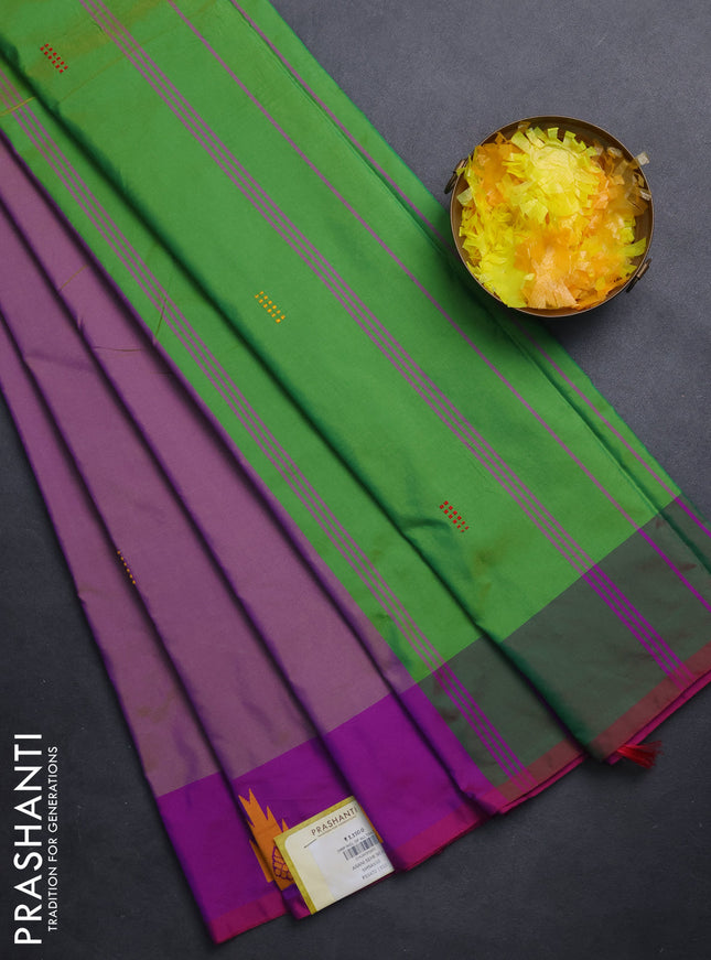 Arani semi silk saree dual shade of mild purple and green with thread woven buttas and thread woven butta border