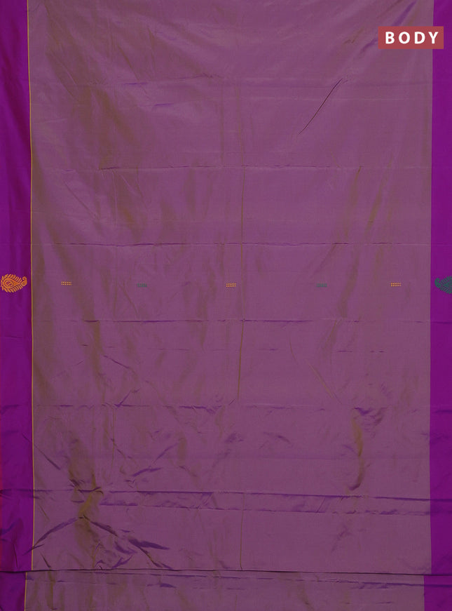 Arani semi silk saree dual shade of mild purple and green with thread woven buttas and thread woven butta border