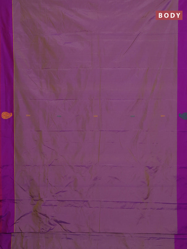 Arani semi silk saree dual shade of mild purple and green with thread woven buttas and thread woven butta border