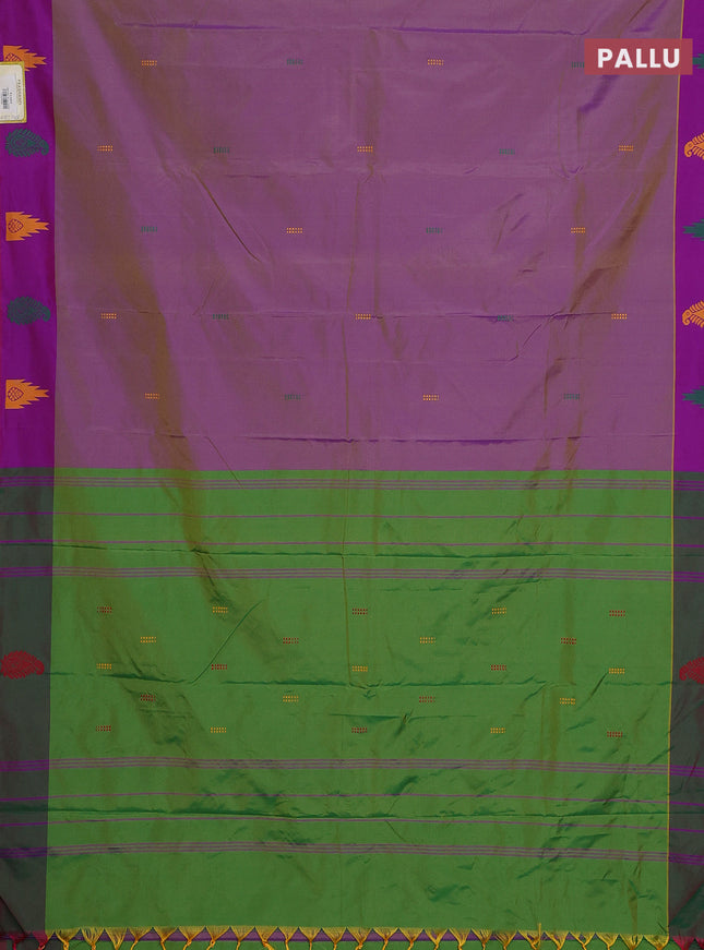 Arani semi silk saree dual shade of mild purple and green with thread woven buttas and thread woven butta border
