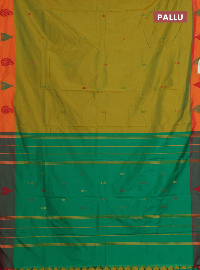 Arani semi silk saree dual shade of mustard green and green with thread woven buttas and thread woven butta border