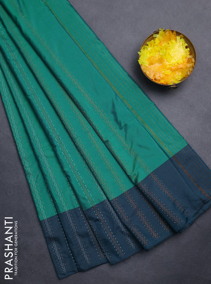 Arani semi silk saree green and peacock blue with allover silver & copper zari weaves and zari woven border