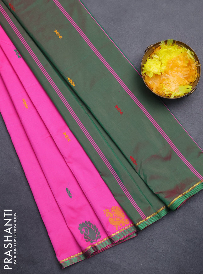 Arani semi silk saree pink and dual shade of green with thread woven buttas and thread woven butta border