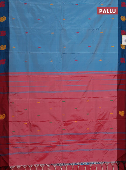 Arani semi silk saree blue shade and dual shade of maroon with thread woven buttas and thread woven butta border