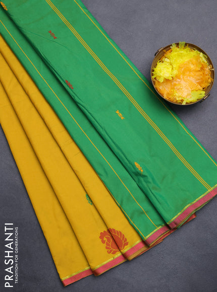 Arani semi silk saree mustard yellow and dual shade of green with thread woven buttas and thread woven butta border
