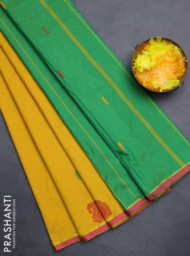Arani semi silk saree mustard yellow and dual shade of green with thread woven buttas and thread woven butta border