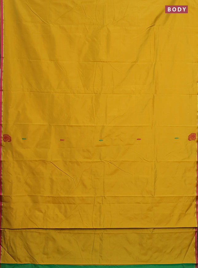 Arani semi silk saree mustard yellow and dual shade of green with thread woven buttas and thread woven butta border