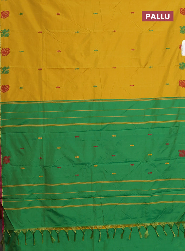 Arani semi silk saree mustard yellow and dual shade of green with thread woven buttas and thread woven butta border