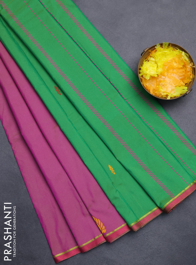 Arani semi silk saree dual shade of purple and green with thread woven buttas and thread woven butta border