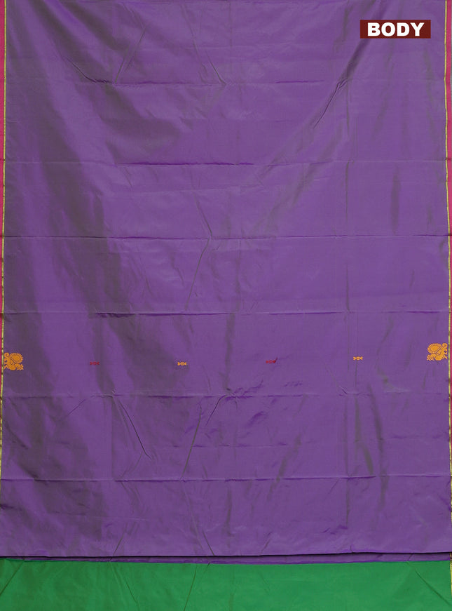 Arani semi silk saree dual shade of greenish violet and green with thread woven buttas and thread woven butta border
