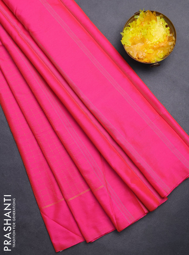 Arani semi silk saree candy pink with allover zari checked pattern and zari woven simple border