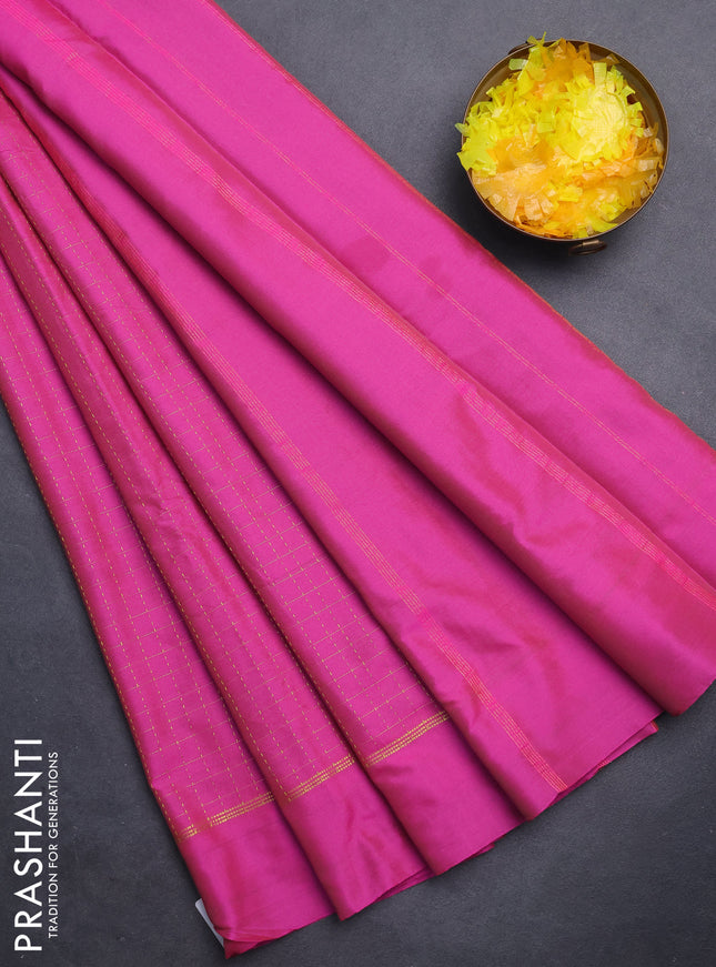 Arani semi silk saree magenta pink with allover zari checked pattern and zari woven simple border