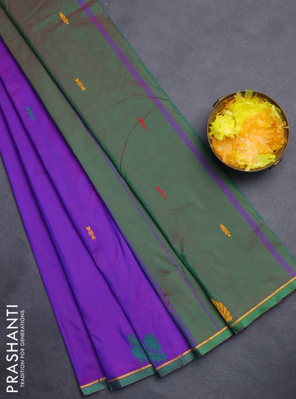 Arani semi silk saree deep purple and dual shade of green with thread woven buttas and thread woven butta border