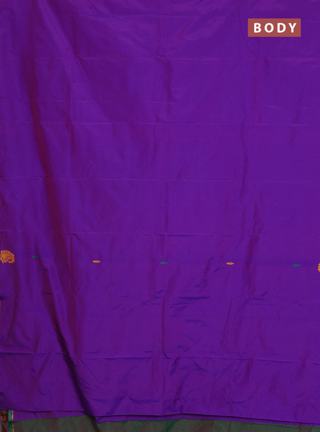 Arani semi silk saree deep purple and dual shade of green with thread woven buttas and thread woven butta border