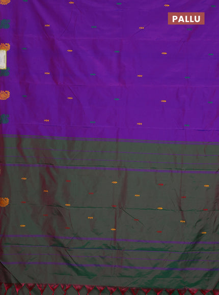 Arani semi silk saree deep purple and dual shade of green with thread woven buttas and thread woven butta border