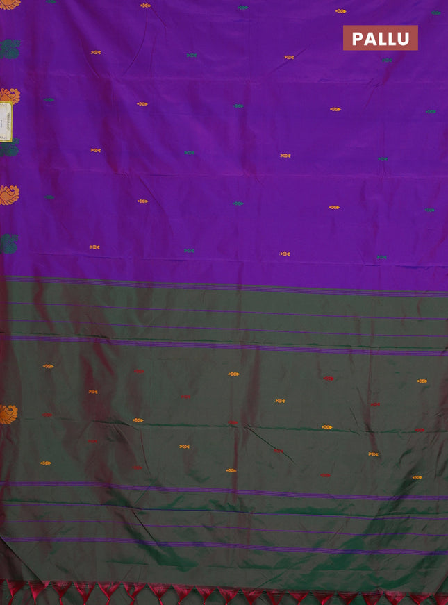 Arani semi silk saree deep purple and dual shade of green with thread woven buttas and thread woven butta border