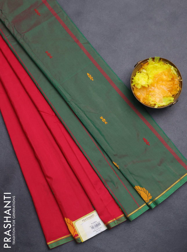 Arani semi silk saree reddish pink and green with thread woven buttas and thread woven butta border