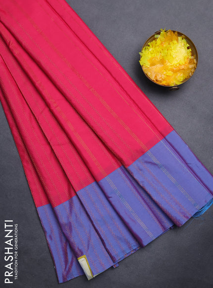 Arani semi silk saree pink and dual shade of cs blue with allover copper zari weaves and copper zari woven border