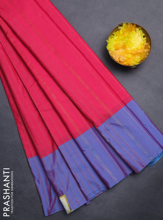 Arani semi silk saree pink and dual shade of cs blue with allover copper zari weaves and copper zari woven border